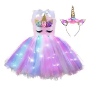 Kids Girls Unicorn Costume Led Light Up Tutu Dress + Headband Outfits Set Cosplay Carnival Birthday Party A 2-4 Years