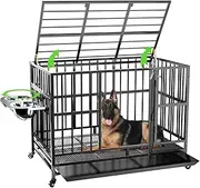 LOVMOR 48" Heavy-Duty Dog Crate with Wheels, Air-Lift Top, Dual 360° Adjustable Bowls – Ideal for Large Dogs