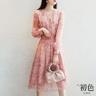 【初色】V領泡泡袖碎花收腰連身連衣裙洋裝-粉紅色-66414(M-2XL可選)