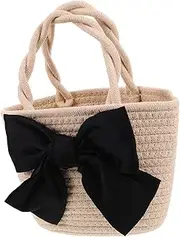 [TEMPNAP] Lovely Bowknot Bag for Women Woven Top Handle Straw Bucket Purse Vintage Look Large Capacity Easy to Clean
