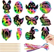 Easter Scratch Pictures, 48 Pieces Easter Craft Sets Magic Rainbow Scratch Art Easter Bunny Scratch Pictures for Children Easter Egg Rabbit Chick Paper Craft Set with Scratch Pen for Easter Party