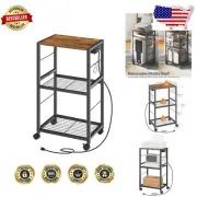 Rustic Brown 3-Tier Printer Stand with Charging Station & Adjustable Shelves