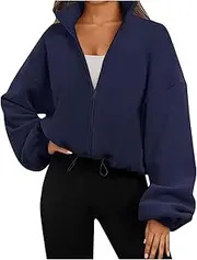 Womens Zip Up Sweatshirt Cropped Jackets Drawstring Lightweight Warm Fashion Fall Winter Coats with Pockets