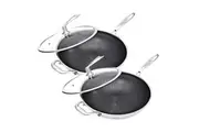 SOGA 2X 34cm Stainless Steel Tri-Ply Frying Cooking Fry Pan Textured Non Stick Skillet with Glass Lid and Helper Handle