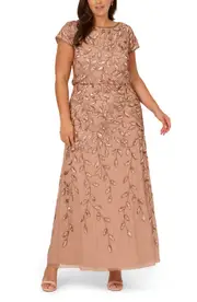 Adrianna Papell Beaded Blouson Gown in Rose Gold at Nordstrom, Size 22W