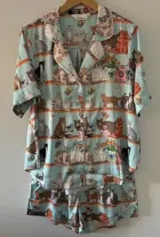 Peter Alexander Womens Karen Mabon Cats Satin PJ Set Size Medium RRP$129.00