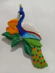 Large Peacock Hand Painted Carved Wood Bird Pin Brooch