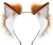 ZFKJERS Handmade Fur Fox Cat Ears Headband Fursuit Headwear Cosplay Costume Party Accessories (Khaki White)
