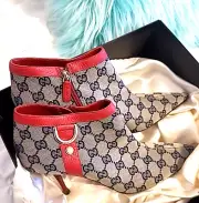 GUCCI D-RING MONOGRAM ZIPPER ANKLE POINTED TOE BOOTIES~HEELED BOOTS 8.5
