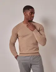 Hawes & Curtis Neutral Mongolian Cashmere Crew Neck Jumper Size: XXL
