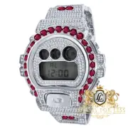 Men's Solitaire Fire Pink 14K White Gold Tone Casio G-Shock DW6900 Custom Watch