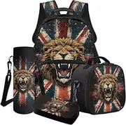 [LACIYISON] Backpack Sets Lightweight Bookbag with Lunch Box Pencil Case Water Bottle Sleeve Travel Rucksack for Junior School, Vintage Union Jack Lion, One Size, Schoolbag Set