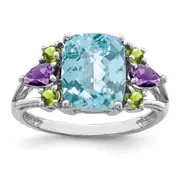 Sterling Silver Rhodium Light Swiss Blue Topaz, Amethyst u0026 Peridot Ring