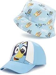 [Bluey] Kids Bucket Hat & Cap Set | Bandit & Chilli Character All Over Print Headwear in Blue for Boys and Girls