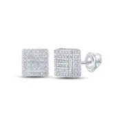 Diamond Square Mens Stud Earrings 10k White Gold Cluster 0.50cttw Screw Back