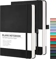 RETTACY Blank Journal Notebook, 2-Pack, 192 Pages per Pack, A5 Medium Size (5.7'' × 8.3''), Leather Hardcover, 100 GSM Thick Paper, for Sketching, Drawing, Painting (Black & Black)