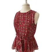 Banana Republic NWT Red Black Abstract Pleated Sheer Lined Sleeveless Belt Top S