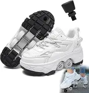 [AMMFIT] Deformation Roller Skate Shoes with Brake Double-Row Roller Shoes for Kids and Adults Technical Skateboarding Shoe with Deformed Wheels, Ideal Birthday,White1-6