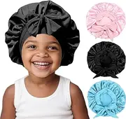 [FIRSTPELLA] 3 Pcs Kids Silk Bonnet for Sleeping - Baby Satin Bonnet for Sleeping,Kids Hair Bonnets for Curly Hair Girls Boys with Wide Elastic Band,Sleeping Cap for Teens Toddler Child (Pink+Black+Light Blue)