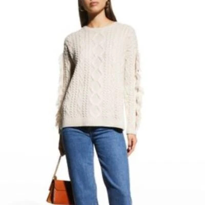 NEIMAN MARCUS Cashmere Collection Cable Knit Sweater Fringe Trim Bone Ivory VV7