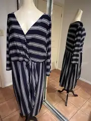 Navy / White 3/4 Sleeve Midi Lined Dress Size 24 New /Tags Autograph Stretchy
