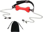 Bone Mouth Gag with Nipple Clamps Bone Gag Restraints Mouth Ball Fetish Breast Clips Bondage Sex Muzzle Gag Breathable Toys