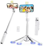 40” Selfie Stick Tripod Quadrapod, Onboard Light, Wireless Bluetooth Chrome