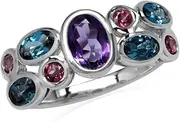 [Silvershake] Natural Amethyst Rhodolite Garnet and London Blue Topaz 925 Sterling Silver Cluster Cocktail Ring Size 6.5