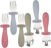 CATIEBYE Infant Feeding Spoon Fork Set Toddler Utensils Soft Silicone Handles Baby Tableware for Newborns