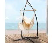 Gardeon Hammock Chair with Steel Stand Hanging Outdoor Tassel Cream