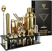 Mixology Bartender Kit – 24 Piece Gold Cocktail Shaker Set w/Stand – Essential Home Bar Accessories Martini Shaker, Jigger, Muddler, Chilling Cubes & More