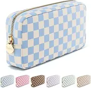 Embla Makeup Bag Travel Cosmetic Bag, Toiletry Bag, Cute Makeup Organizer, Nylon Zipper Pouch Purse Storage Bag Cosmetics Organizer, Womens Make Up Bag Large Makeup Bags (Chocolate Sand Checkered),