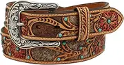 [ARIAT] Ladies Calf Hair Underlay Red Flower Belt, Tan, Medium