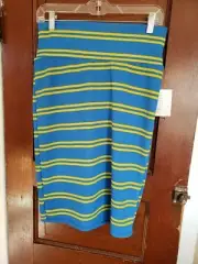 NWT LULAROE Women's M Blue Yellow Striped CASSIE Polyester Spandex Pencil Skirt