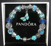 AUTHENTIC Pandora Silver Bracelet With Blue Butterfly, Crystal European Charms