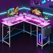 Advwin 136cm L Shaped Gaming Desk with LED Lights & Power Outlets Computer Desk with Monitor Stand Corner Desk with Hooks, White