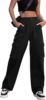 [ZMPSIISA] Women High Waisted Cargo Pants Wide Leg Casual Pants 6 Pockets Combat Military Trousers, Black, X-Small