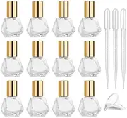 12 Pack 8ml Diamond shaped Roller Bottle,Empty Refillable Glass Roll On Bottle For Essential Oils,Parfum Cosmetic Containers With Stainless Steel Roller Balls Golden Lid-Travel Sample Vials