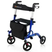 Costway Walker Rollator Seat Folding Aluminum Rolling Walker And 8" Wheels Blue