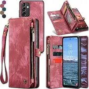 Samsung Galaxy A54 Wallet Case,Zipper Folio Leather Case Wallet with Card Holder Strap Wristlet Detachable Magnetic Protective Back Case for Samsung Galaxy A54 5G 6.4 Inch (Red)
