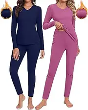 [Neer] 2 Sets Thermal Underwear for Women, V Neck Fleece Lined Base Layer Top and Bottom Soft Cold Weather Pajama Sets