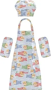 AIXIWAWA Kids Apron Chef Hat Set, Child Kitchen Bib Aprons Adjustable for Cooking Baking Painting (Cute Mermaid-dog)