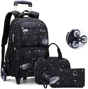 [BOUACOUA] Trolley School Bags for Boys, Backpack with Wheels 3 Pieces Set Trolley Bag + Handbag + Pencil Case (3 Pieces)