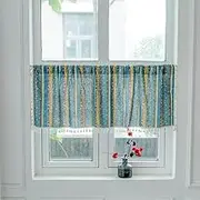 FaceYee Bohemian Striped Tassels Cabinet Short Curtains Half Curtain Valance Semi-Shading Geometric Printing Rod Pocket One Panel(W60XL18in,150X45cm) Color:Blue