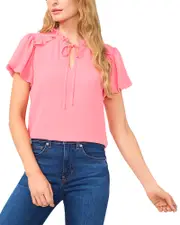 CeCe Bubble Sleeve Split Neck Blouse