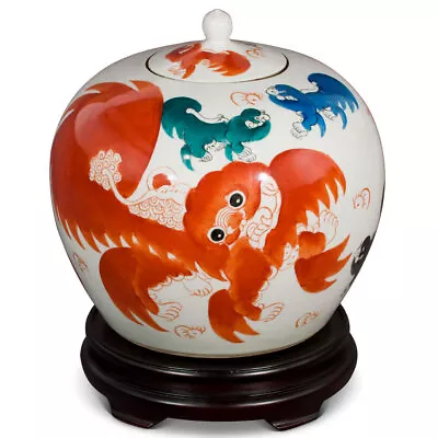 US Seller - White Porcelain Oriental Jar with Peking Foo Dogs