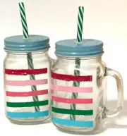 Set of 2 Painted Glass Mason Jar Cups w/Handle No-Spill Lid Reuse Straw 14oz NEW
