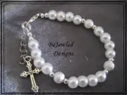 Baby Bracelet Bangle Glass Pearls with Tibetan Silver Cross Charm