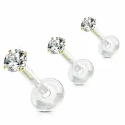 PAIR 16G GOLD PUSH PRONG SET ROUND CZ STUD BIO FLEX LABRET LIP HELIX TRAGUS RING
