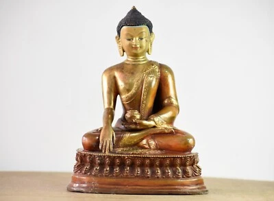 8.5 Inches Bronze Lord Buddha Vintage Statue Figurine Real Gold Work On Face